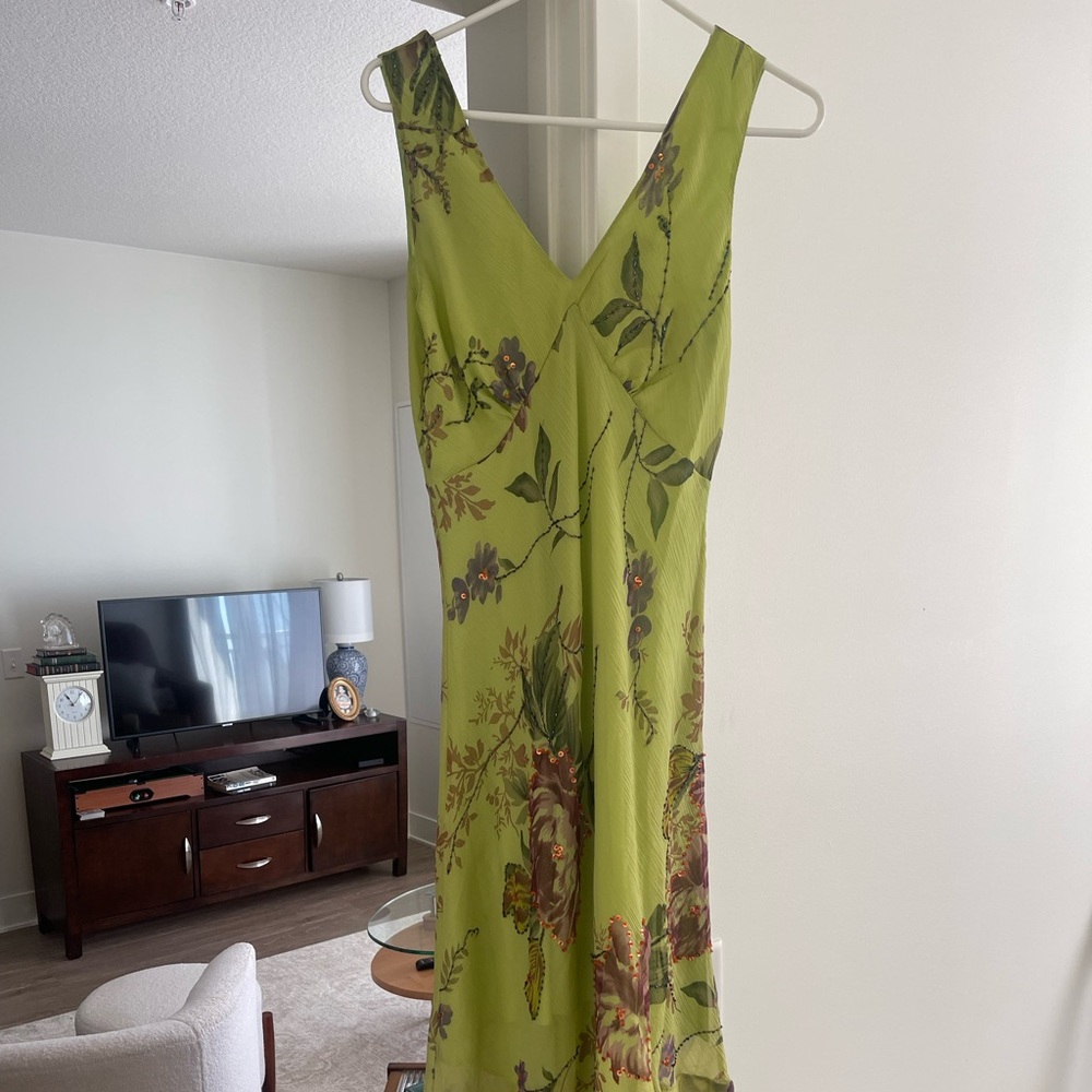 olive green floral detail dress